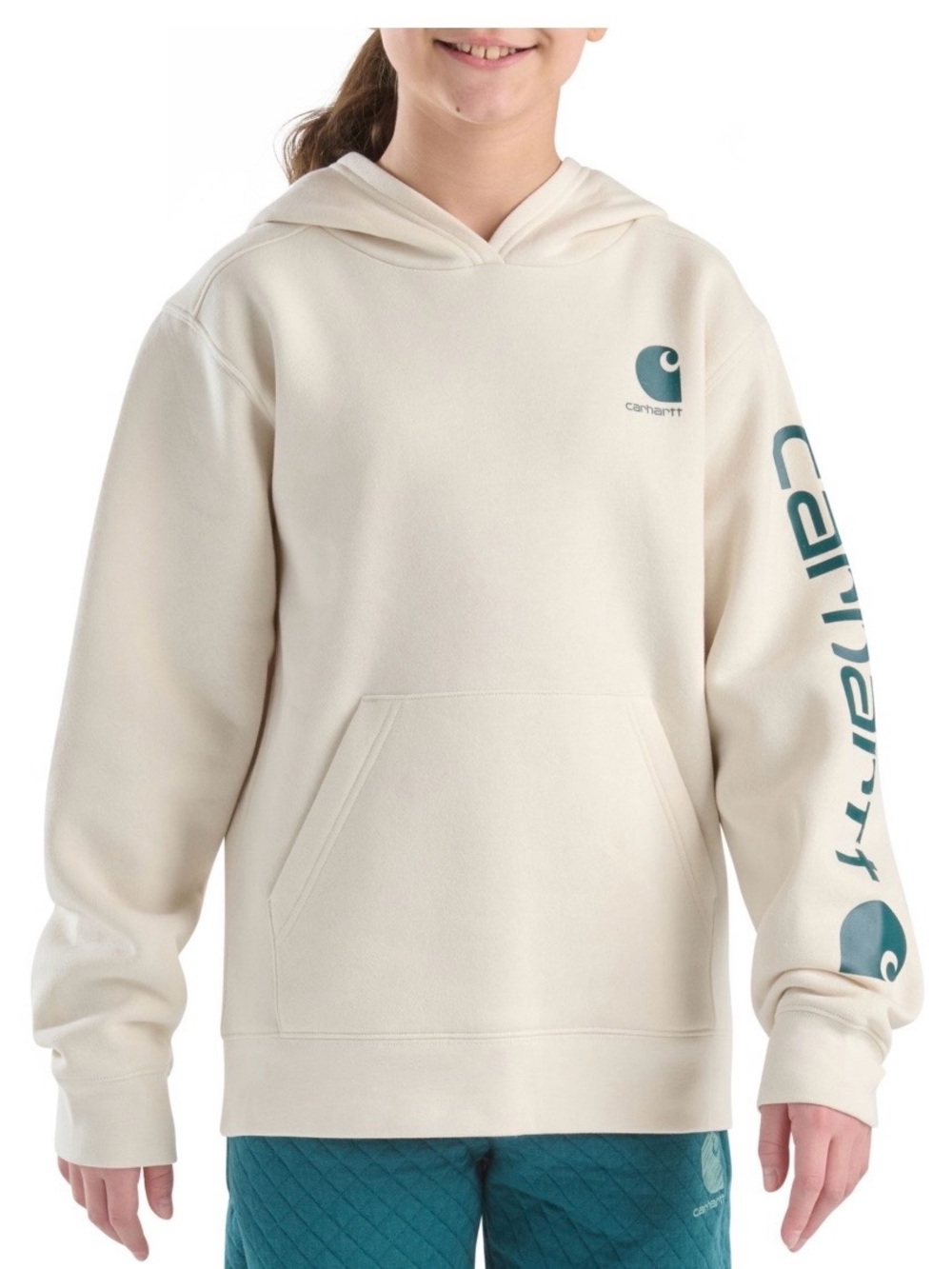 NWT girl’s Carhartt Cream Pullover Hoodie with Teal Logo and Sleeve Script